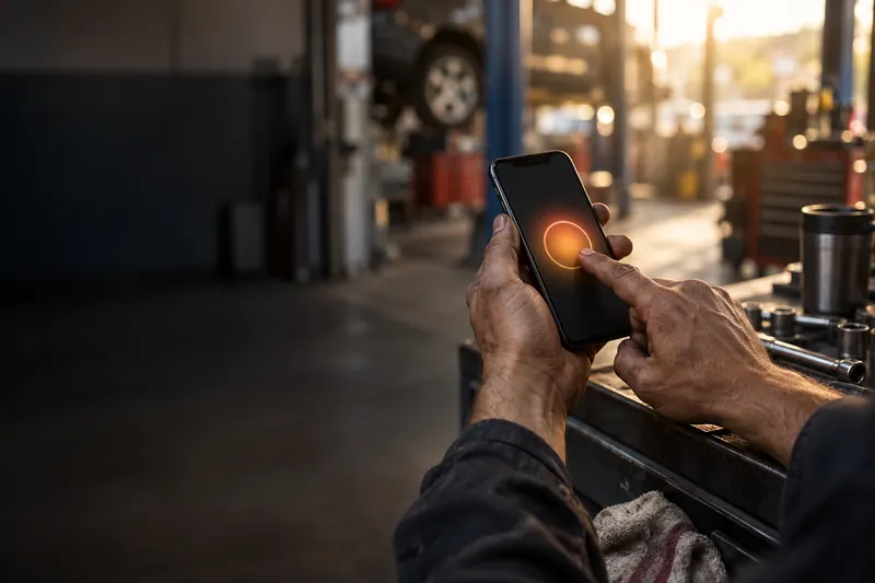 Hands tapping a round clock-in button on a phone at a workbench