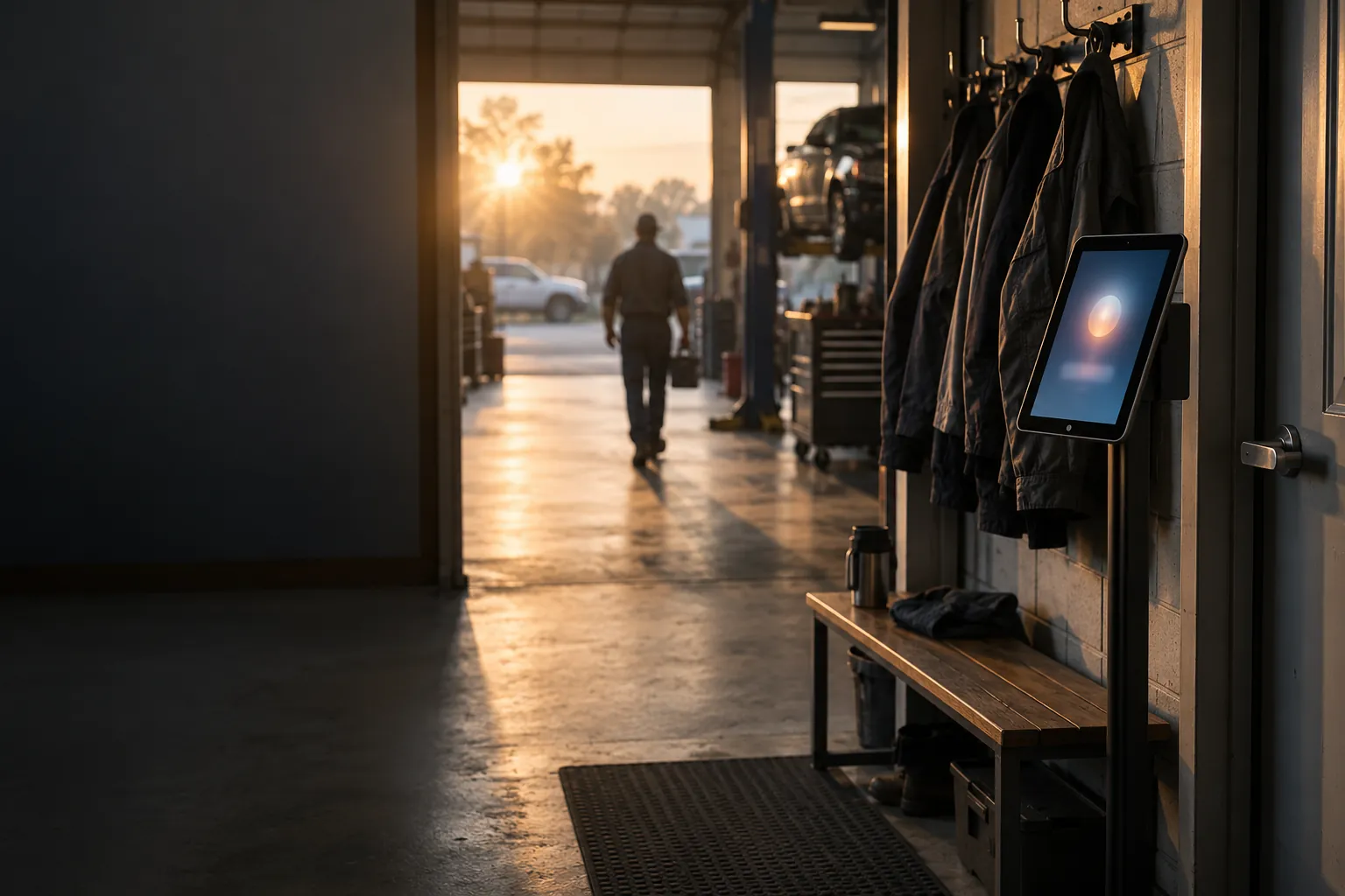 A shop staff entrance at sunrise with a wall time-clock tablet, jackets on hooks and a bench